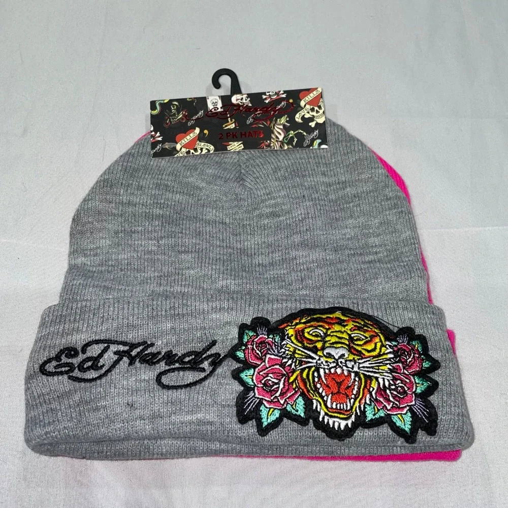 Ed Hardy 2 Pack Beanies Grey Tiger Pink Love Kills Slowly Rhinestone